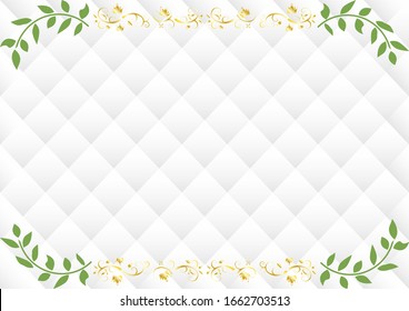 white diamond kilt pattern background with frame of green leaves and golden crown