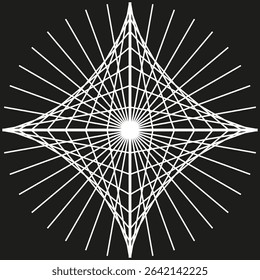 White diamond pattern. Radiant line grid. Optical illusion shape. Vector black background.
