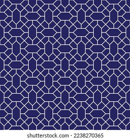 White diamond shape and diagonal line pattern on blue background. Linked diagonal line and hexagon shape. White lattice pattern on blue background. Abstract maze backdrop.