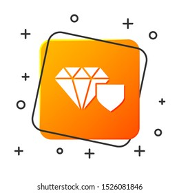 White Diamond with shield icon isolated on white background. Jewelry insurance concept. Security, safety, protection, protect concept. Orange square button. Vector Illustration