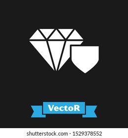 White Diamond with shield icon isolated on black background. Jewelry insurance concept. Security, safety, protection, protect concept.  Vector Illustration