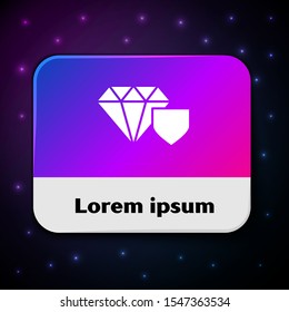 White Diamond with shield icon isolated on black background. Jewelry insurance concept. Security, safety, protection, protect concept. Rectangle color button. Vector Illustration