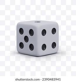 White dice with black dots. Realistic isolated image with shadow. Tool for random selection. Casino gaming equipment. Object for classic tabletop game