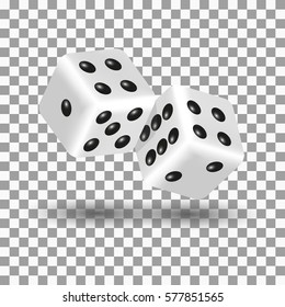 White dice with black dots and shadow. Sport icon in 3D style, vector illustration.