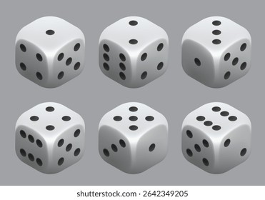 White dice with black dots. Vector 3d dice isolated on gray background.