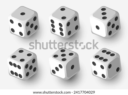 White dice with black dots. Vector set isolated on white background. 3d dice.
