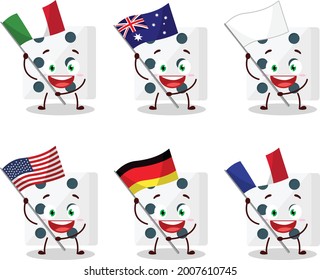 White dice cartoon character bring the flags of various countries. Vector illustration