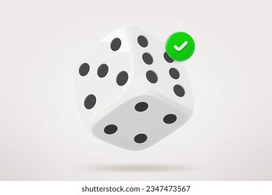 White dice with checkmark. 3d vector icon