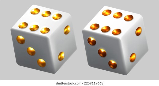 White dice with golden dots. Vector 3d clipart.