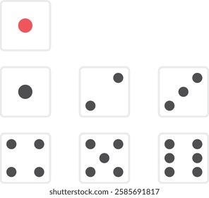 White dice with gray lines. The dice have black eyes and 1s are red and black.
