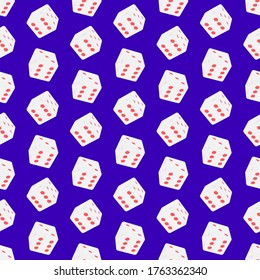 White dice on a blue background. Seamless pattern vector illustration.