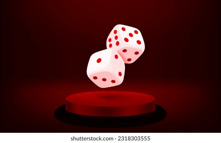 White dice on red background with podium. Gamebling concept. 3d vector illustration