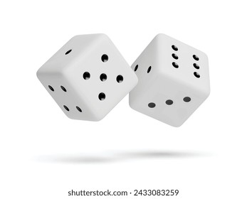 Dados blancos con números aleatorios de puntos negros 3D procesados. Objetos de juego para jugar a los dados y al póquer, casino, tablero o juegos de mesa ilustración vectorial tridimensional realista