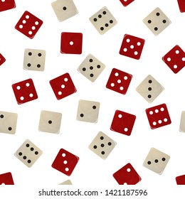 White and white dice. Seamless pattern background. Vector illustration. Casino and gambling.