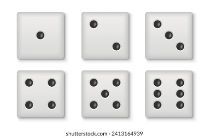 Juego de dados blancos. Colección de cubos de dados con números. Elementos del juego de casino, lotería y juegos de azar. Iconos de vista superior. Ilustración vectorial realista