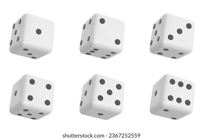 White dices with black dots set. Pipped dices with rounded corners.  isolated 3d realistic vector