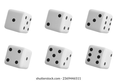 White dices with black dots set. Pipped dices with rounded corners.  isolated 3d realistic vector