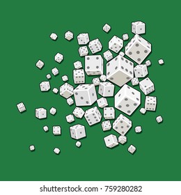 White dices of different sizes isolated on green background. Abstract casino design background. Dice gambling template concept. 3d style. Vector illustration