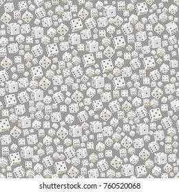 White dices of different sizes outlined on light gray background. Seamless pattern. Abstract casino design background, texture, wrapping. Dice gambling concept. 3d style. Vector illustration