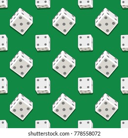 White dices of different sizes with shadows on green background. Seamless pattern. Abstract casino design background, texture, wrapping. Dice gambling concept. 3d style. Vector illustration