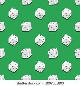 White dices with shadows falling on green background. Seamless pattern. Abstract casino game design. Good for texture, gift wrapp, fabrics. Dice gambling concept. 3d style. Vector illustration