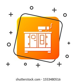 White Diesel power generator icon isolated on white background. Industrial and home immovable power generator. Orange square button. Vector Illustration