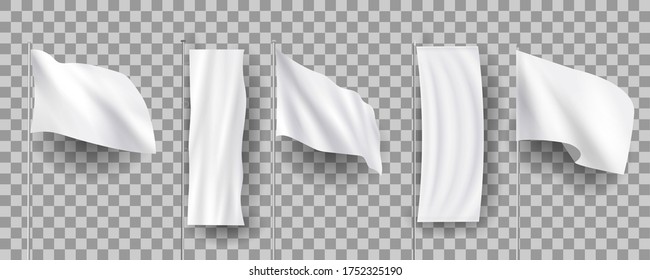White different blank feather flags, empty banners stand, 3d realistic mockups. Vector set of textile waving advertising banners, flags
