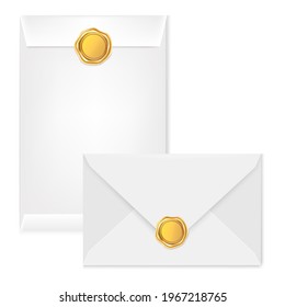White  different mail envelope with a gold stamp on a light background.Vector illustration of the wax luxury seal.Design element.