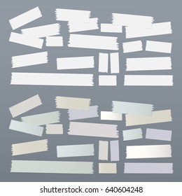 White different size adhesive, sticky tape, paper pieces.