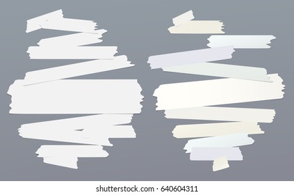 White different size adhesive, sticky tape, paper pieces.