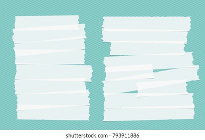 White different size adhesive, sticky, masking, duct tape, paper pieces on turquoise squared background.