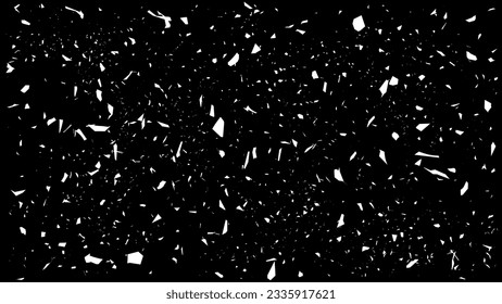 white different sizes random flakes of dust sand on a black background. vector background with paint splashes of different shapes