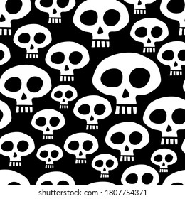 White different skulls isolated on black background. Cute humorous festive seamless pattern. Vector flat graphic hand drawn illustration. Texture.