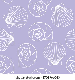 white different types of seashells nautilus pompilius, oyster spiral on purple background sea ocean shell pattern seamless vector