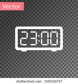 White Digital alarm clock icon isolated on transparent background. Electronic watch alarm clock. Time icon. Vector Illustration