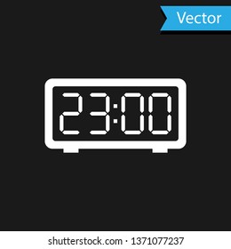 White Digital alarm clock icon isolated on black background. Electronic watch alarm clock. Time icon. Vector Illustration
