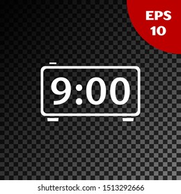 White Digital alarm clock icon isolated on transparent dark background. Electronic watch alarm clock. Time icon.  Vector Illustration