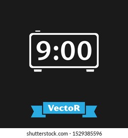 White Digital alarm clock icon isolated on black background. Electronic watch alarm clock. Time icon.  Vector Illustration