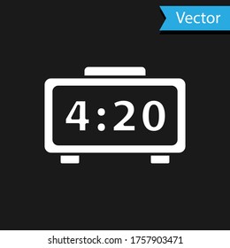 White Digital alarm clock icon isolated on black background. Electronic watch alarm clock. Time icon. Vector Illustration