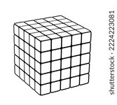 White digital cube in perspective. 5x5. Graphic object from smaller isometric cubes. 3d vector illustration. Geometric figure icon.