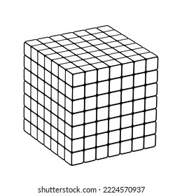 White digital cube in perspective. 7x7. Graphic object from smaller isometric cubes. 3d vector illustration. Geometric figure icon.