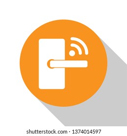 White Digital door lock with wireless technology for unlock icon isolated on white background. Door handle sign. Security smart home of concept. Orange circle button. Vector Illustration