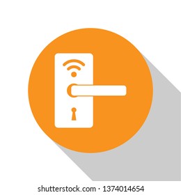 White Digital door lock with wireless technology for unlock icon isolated on white background. Door handle sign. Security smart home of concept. Orange circle button. Vector Illustration