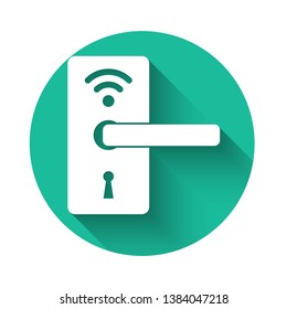 White Digital door lock with wireless technology for unlock icon isolated with long shadow. Door handle sign. Security smart home of concept. Green circle button. Vector Illustration