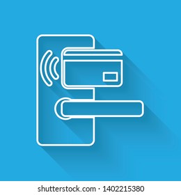 White Digital door lock with wireless technology for unlock line icon isolated with long shadow. Door handle sign. Security smart home of concept. Vector Illustration