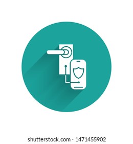 White Digital door lock with wireless technology for lock icon isolated with long shadow. Door handle sign. Security smart home. Green circle button. Vector Illustration
