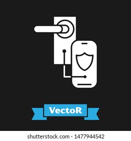White Digital door lock with wireless technology for lock icon isolated on black background. Door handle sign. Security smart home.  Vector Illustration