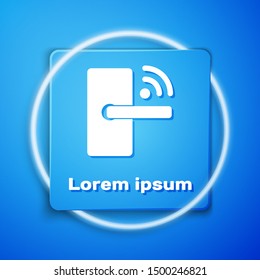 White Digital door lock with wireless technology for unlock icon isolated on blue background. Door handle sign. Security smart home. Blue square button. Vector Illustration