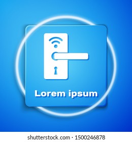 White Digital door lock with wireless technology for unlock icon isolated on blue background. Door handle sign. Security smart home. Blue square button. Vector Illustration
