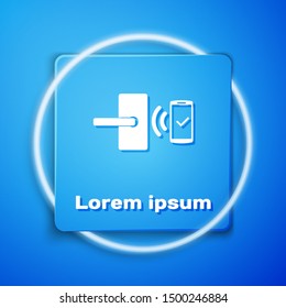 White Digital door lock with wireless technology for unlock icon isolated on blue background. Door handle sign. Security smart home. Blue square button. Vector Illustration